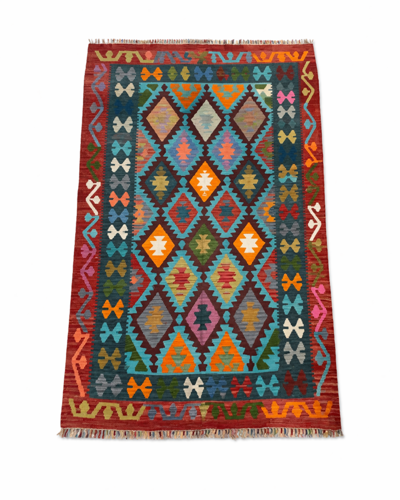 tapis kilim géométrique coloré sur fond blanc