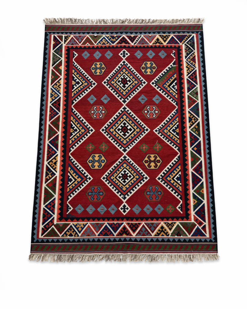 tapis kilim géométrique sur fond blanc